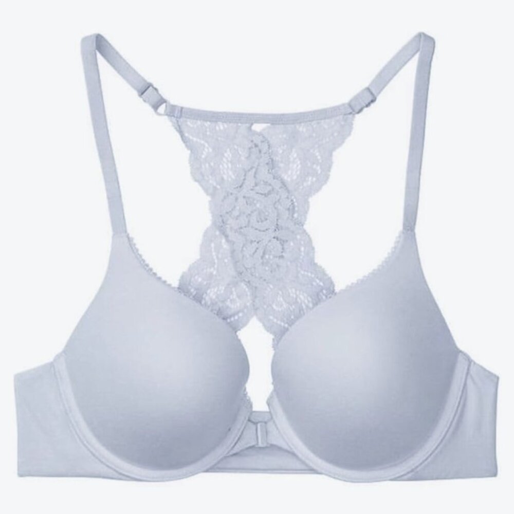 Victoria's Secret Bra Push Up Padded Comfy Front Close Lace Racer Gray Blue 32C - Picture 3 of 16